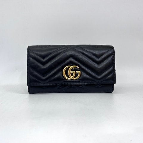 Gucci黑牛皮山型紋霧金釦Marmont下蓋12卡長夾