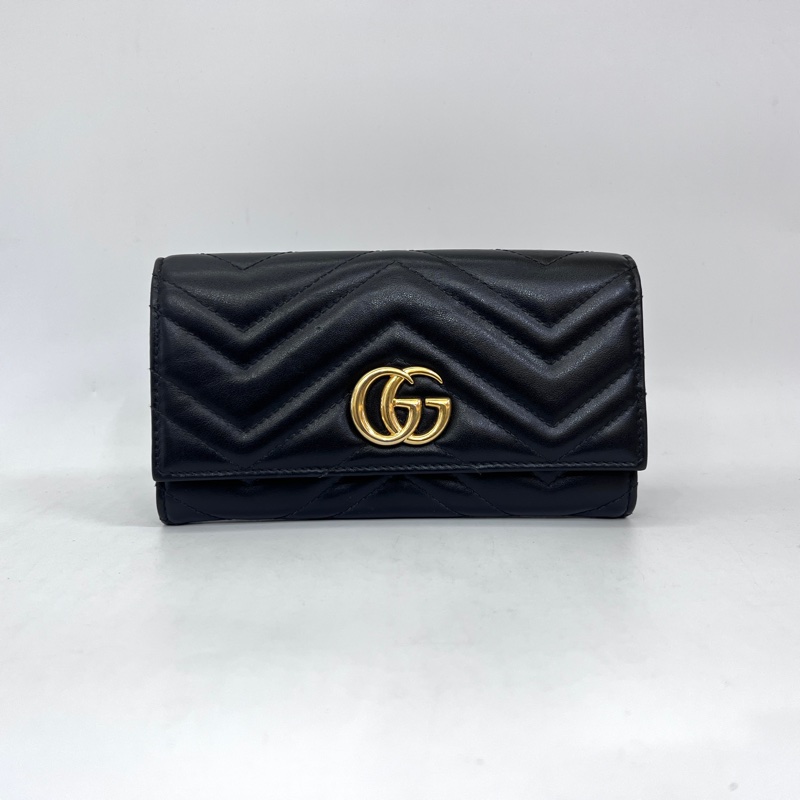 Gucci黑牛皮山型紋霧金釦Marmont下蓋12卡長夾-0