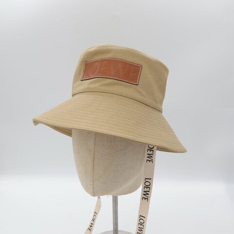 Loewe 羅威 焦糖色牛皮 卡其色帆布 綁帶帽 漁夫帽