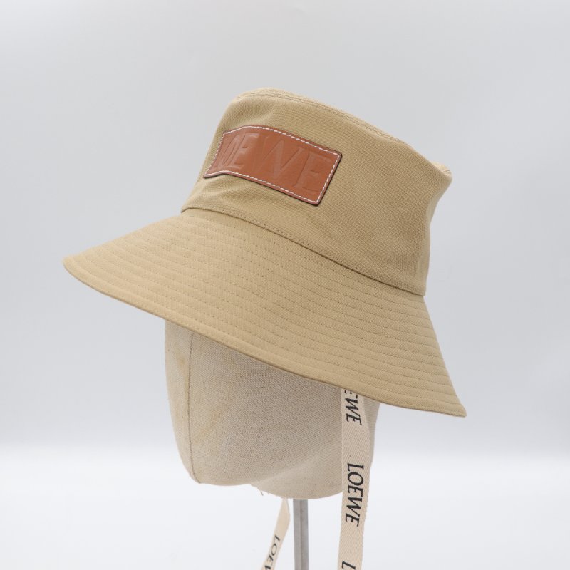 Loewe 羅威 焦糖色牛皮 卡其色帆布 綁帶帽 漁夫帽-1