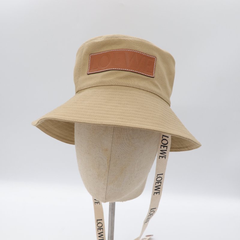 Loewe 羅威 焦糖色牛皮 卡其色帆布 綁帶帽 漁夫帽-6