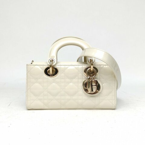 DIOR LadyD-Joy橫版戴妃包小號白色漆皮淺金扣2023肩背包
