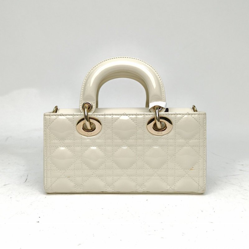 DIOR LadyD-Joy橫版戴妃包小號白色漆皮淺金扣2023肩背包-2