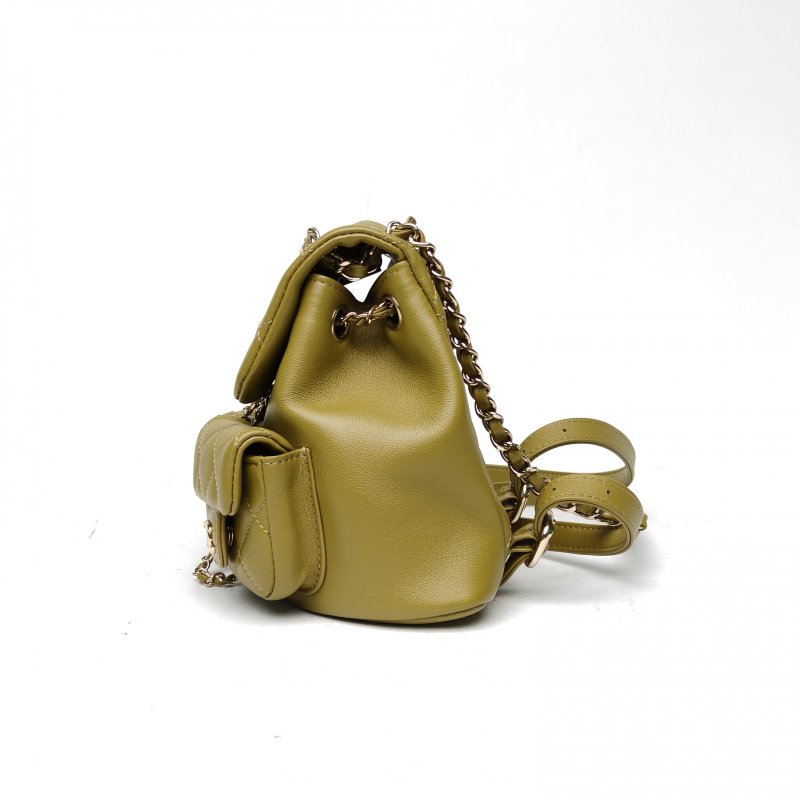 CHANEL Duma抽繩口蓋雙肩包小號橄欖綠荔枝牛皮晶片肩背包-1