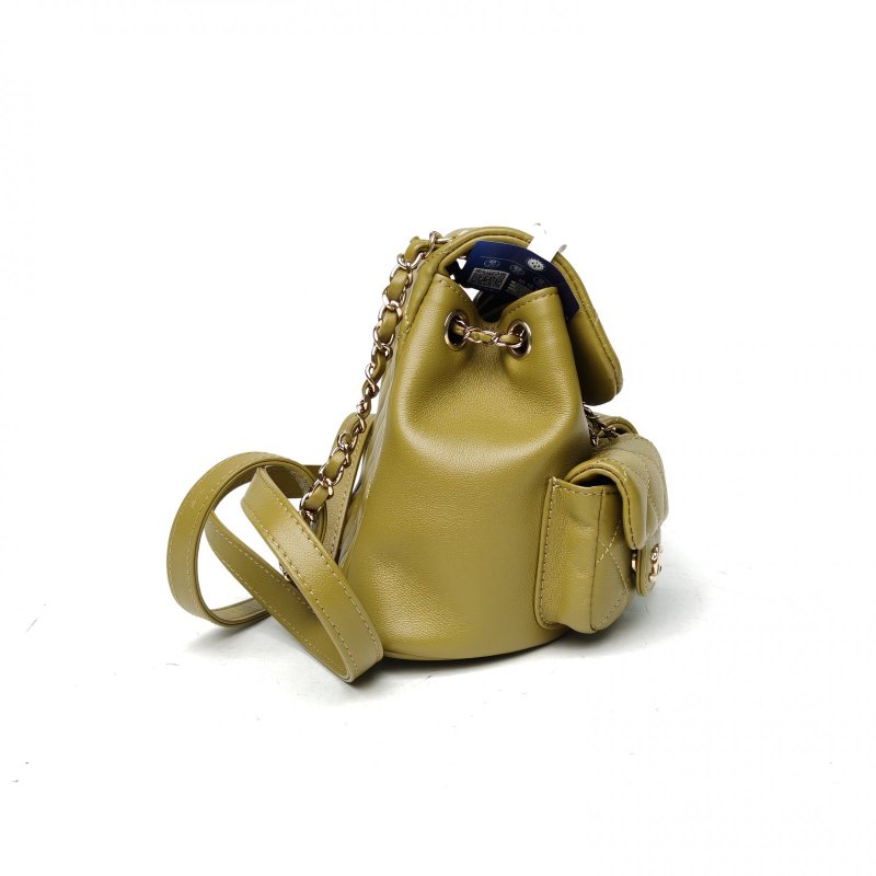 CHANEL Duma抽繩口蓋雙肩包小號橄欖綠荔枝牛皮晶片肩背包-3