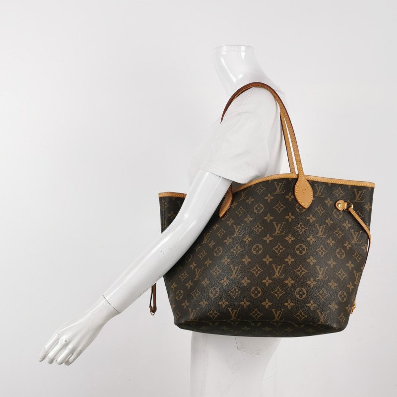 Louis Vuitton (LV) Neverfull中號植鞣革Monogram印花束帶單肩包晶片款-1