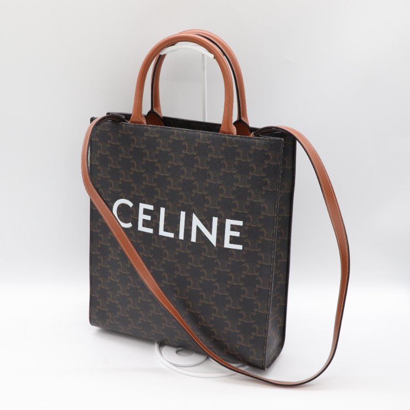 （可以放 A4 紙♥️）Celine 思琳 棕色 Triomphe帆布 Cabas 老花 琴譜包 Vertical Cabas 兩用包-4