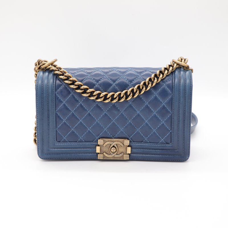 （配件超級齊全♥️）Chanel 香奈兒 LeBoy 中型 25cm 牛蠟皮 復古藍 做舊金釦 鏈條包 斜背包 17 開-1