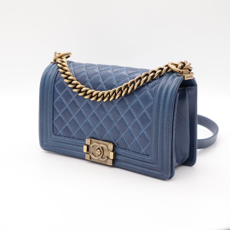 （配件超級齊全♥️）Chanel 香奈兒 LeBoy 中型 25cm 牛蠟皮 復古藍 做舊金釦 鏈條包 斜背包 17 開-2