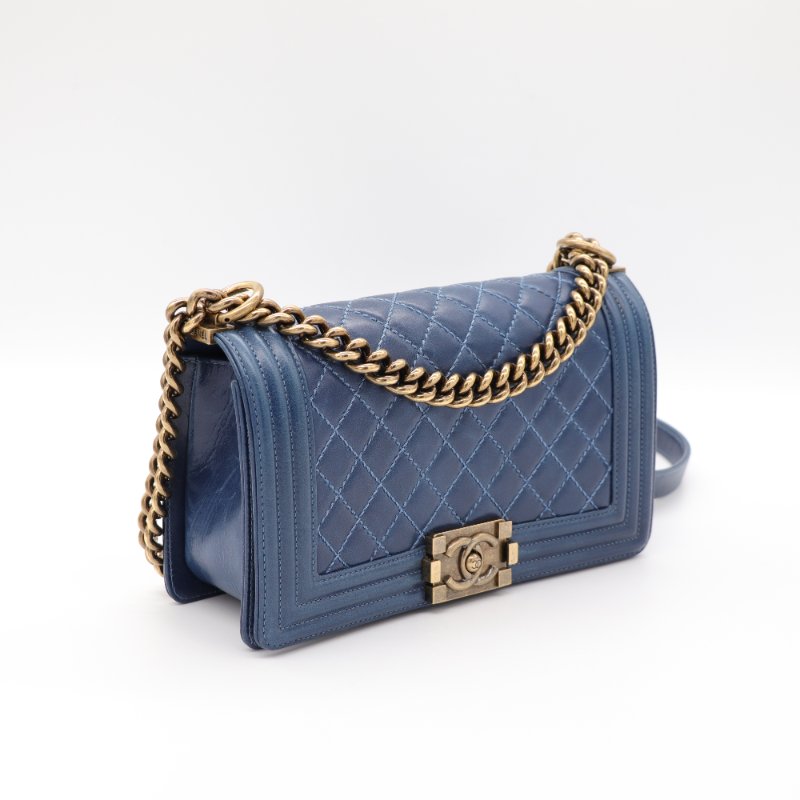 （配件超級齊全♥️）Chanel 香奈兒 LeBoy 中型 25cm 牛蠟皮 復古藍 做舊金釦 鏈條包 斜背包 17 開-3