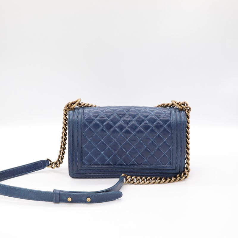 （配件超級齊全♥️）Chanel 香奈兒 LeBoy 中型 25cm 牛蠟皮 復古藍 做舊金釦 鏈條包 斜背包 17 開-4