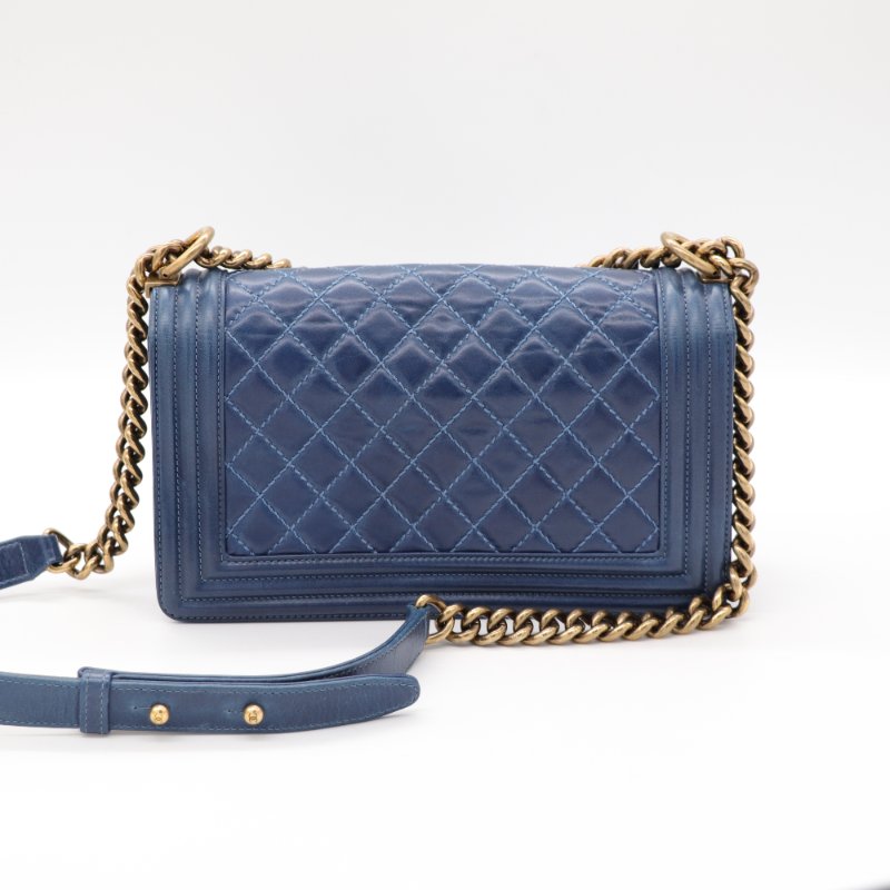 （配件超級齊全♥️）Chanel 香奈兒 LeBoy 中型 25cm 牛蠟皮 復古藍 做舊金釦 鏈條包 斜背包 17 開-5
