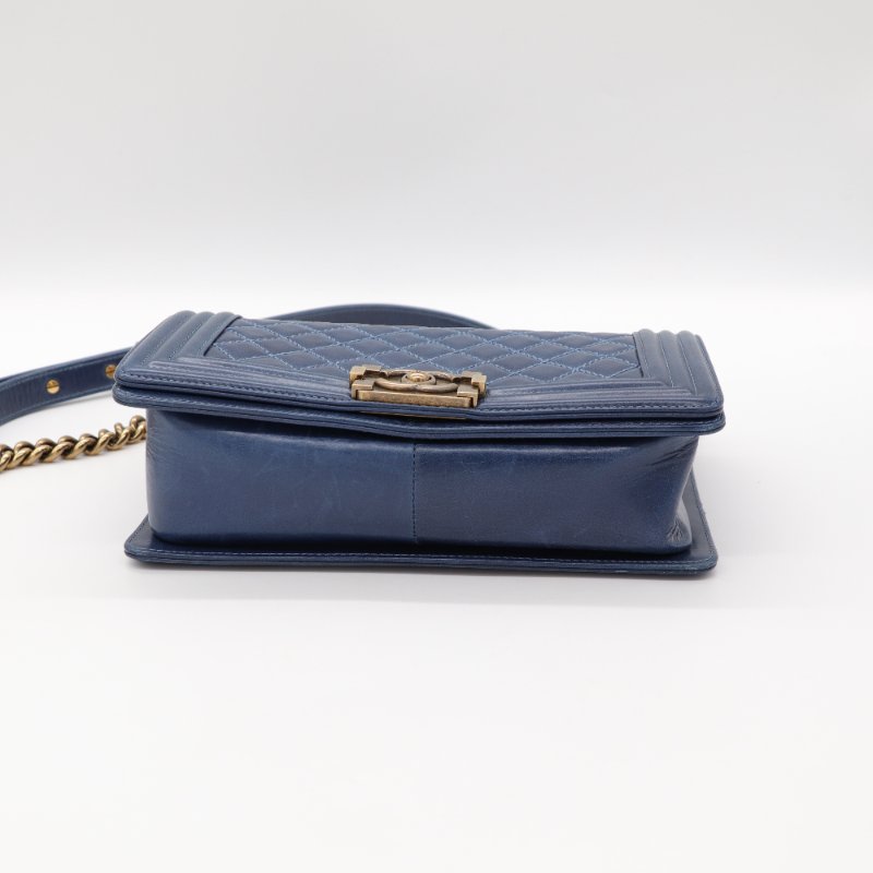 （配件超級齊全♥️）Chanel 香奈兒 LeBoy 中型 25cm 牛蠟皮 復古藍 做舊金釦 鏈條包 斜背包 17 開-7