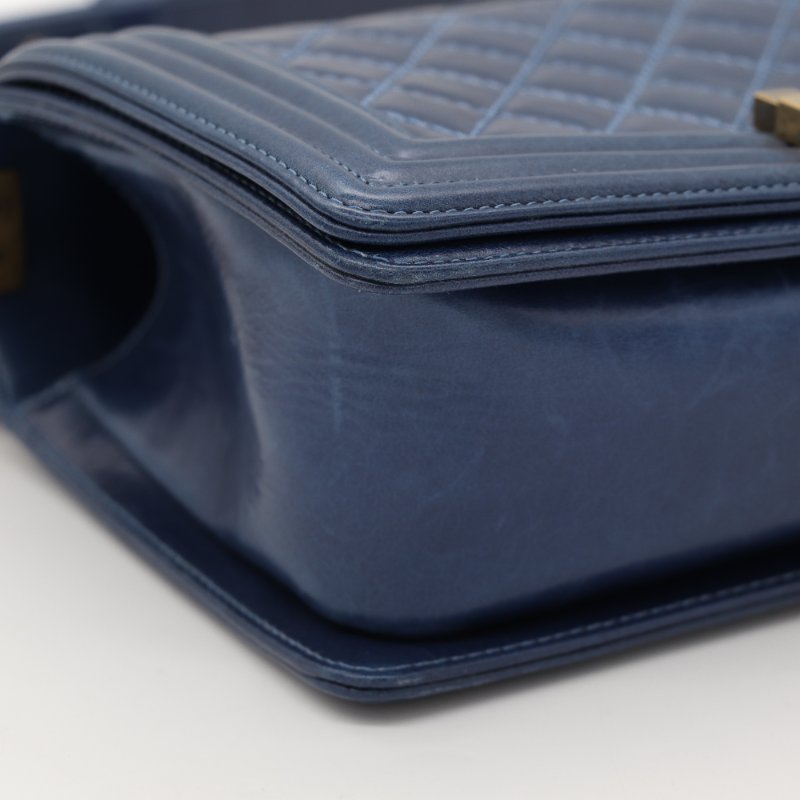 （配件超級齊全♥️）Chanel 香奈兒 LeBoy 中型 25cm 牛蠟皮 復古藍 做舊金釦 鏈條包 斜背包 17 開-8