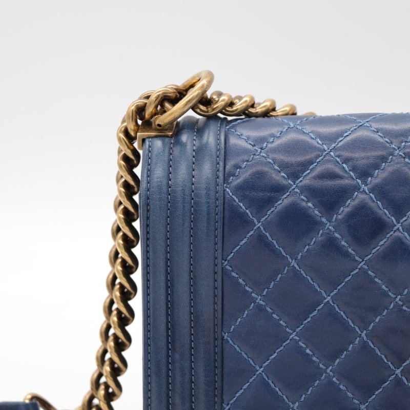 （配件超級齊全♥️）Chanel 香奈兒 LeBoy 中型 25cm 牛蠟皮 復古藍 做舊金釦 鏈條包 斜背包 17 開-10