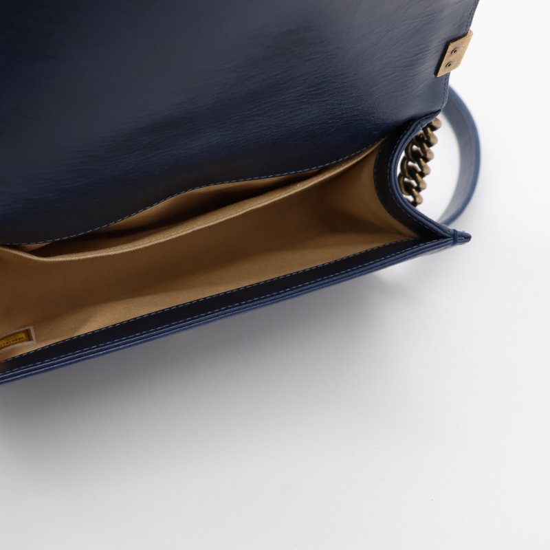 （配件超級齊全♥️）Chanel 香奈兒 LeBoy 中型 25cm 牛蠟皮 復古藍 做舊金釦 鏈條包 斜背包 17 開-16