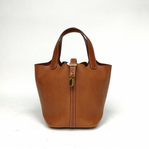 HERMES Picotin菜籃子1834黃褐色馬鞍皮W刻金扣
