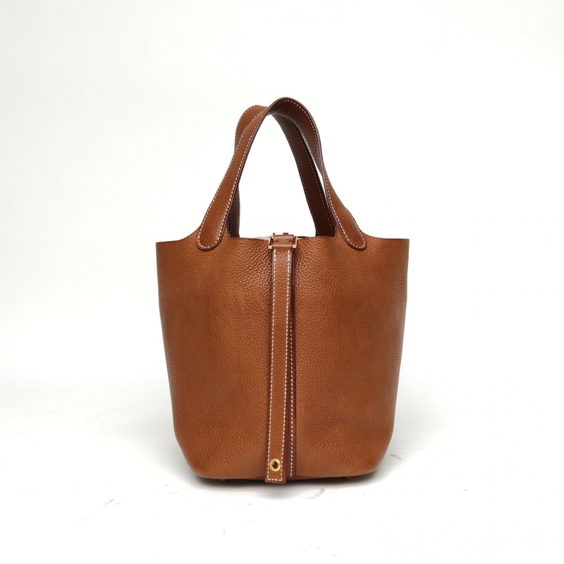 HERMES Picotin菜籃子1834黃褐色馬鞍皮W刻金扣-2