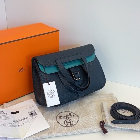 閒置新 Hermes愛馬仕 Halzan25馬蹄郵差包 鬆柏綠拼薄荷綠 TC皮銀扣-2