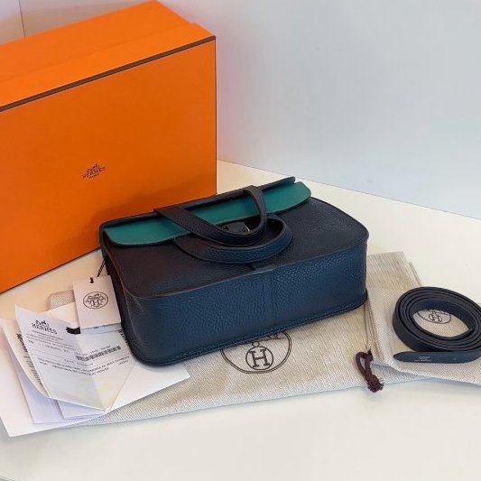 閒置新 Hermes愛馬仕 Halzan25馬蹄郵差包 鬆柏綠拼薄荷綠 TC皮銀扣-5