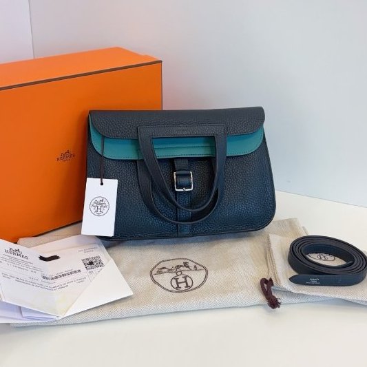 閒置新 Hermes愛馬仕 Halzan25馬蹄郵差包 鬆柏綠拼薄荷綠 TC皮銀扣-6