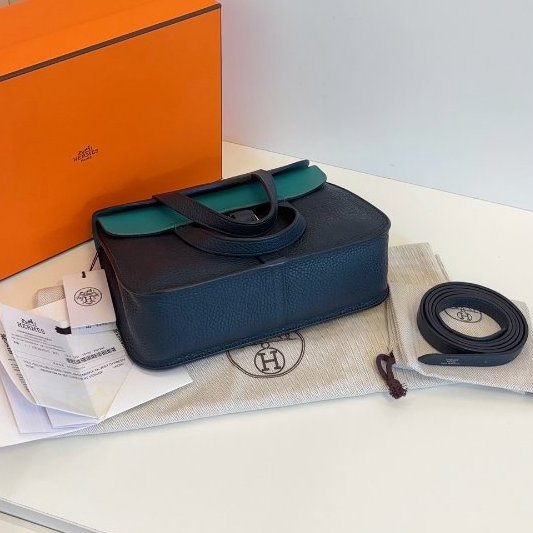 閒置新 Hermes愛馬仕 Halzan25馬蹄郵差包 鬆柏綠拼薄荷綠 TC皮銀扣-8