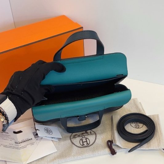 閒置新 Hermes愛馬仕 Halzan25馬蹄郵差包 鬆柏綠拼薄荷綠 TC皮銀扣-9