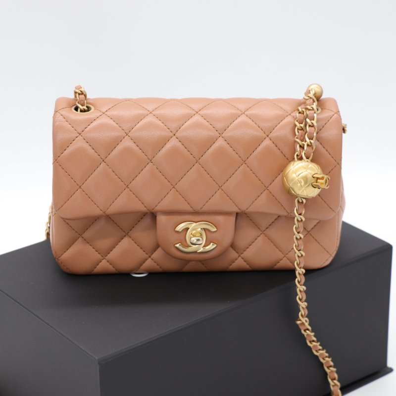 全網最低（限時特價♥️金球 CF）Chanel 香奈兒 Classic Flap CF 20cm 金球 CF 奶茶色 牛皮 金釦 鏈條包 斜背包-1