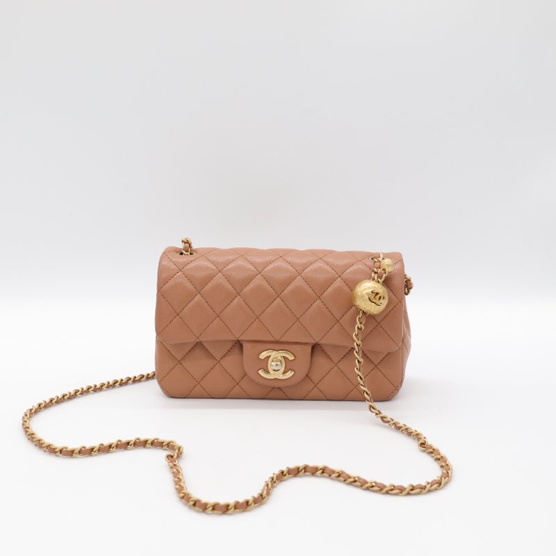 全網最低（限時特價♥️金球 CF）Chanel 香奈兒 Classic Flap CF 20cm 金球 CF 奶茶色 牛皮 金釦 鏈條包 斜背包-2