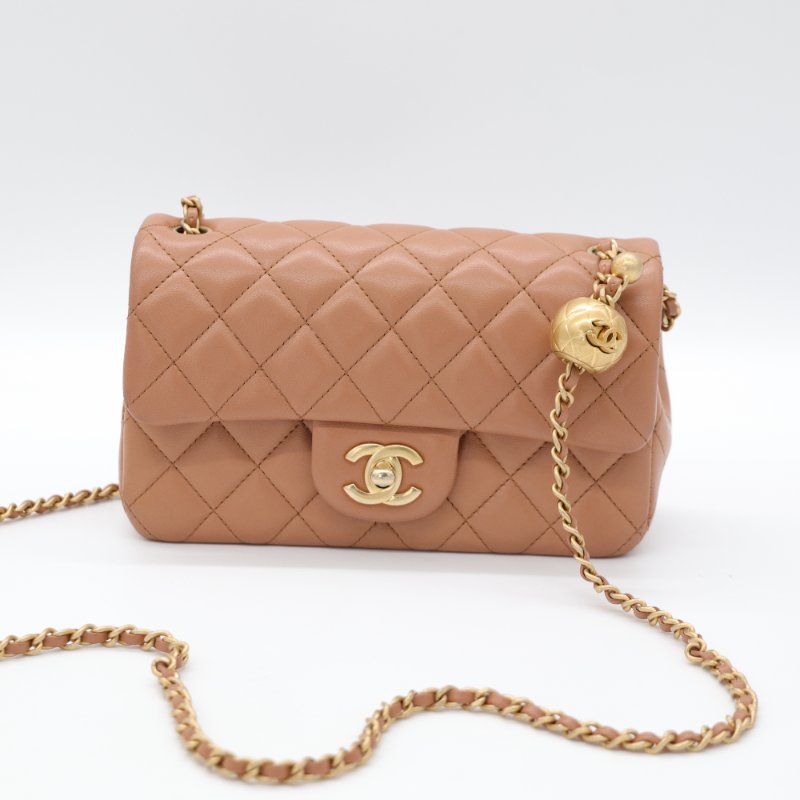 全網最低（限時特價♥️金球 CF）Chanel 香奈兒 Classic Flap CF 20cm 金球 CF 奶茶色 牛皮 金釦 鏈條包 斜背包-4