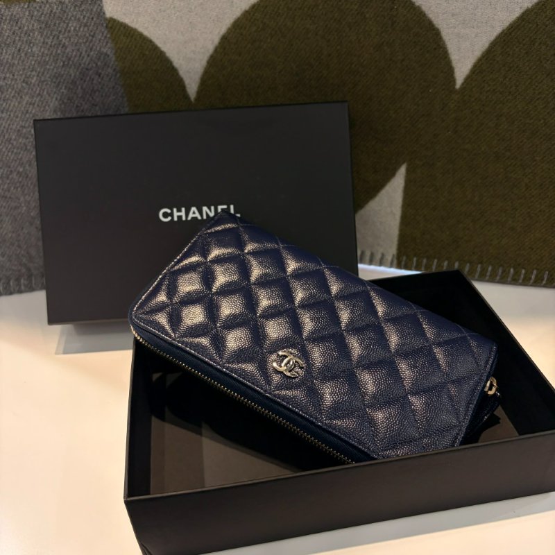 CHAENL 荔枝皮銀釦拉鏈長夾 藍-0