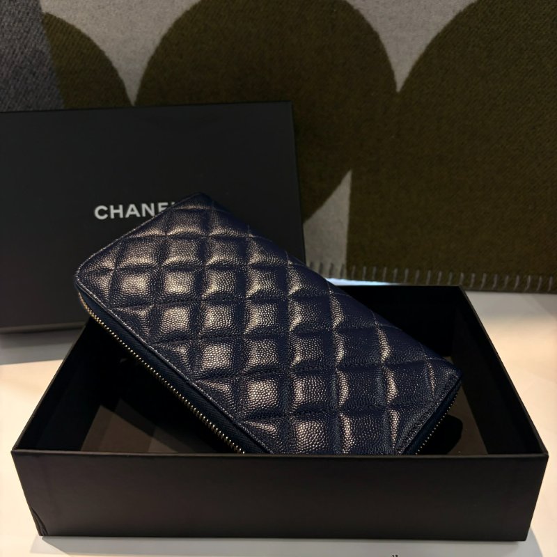 CHAENL 荔枝皮銀釦拉鏈長夾 藍-1