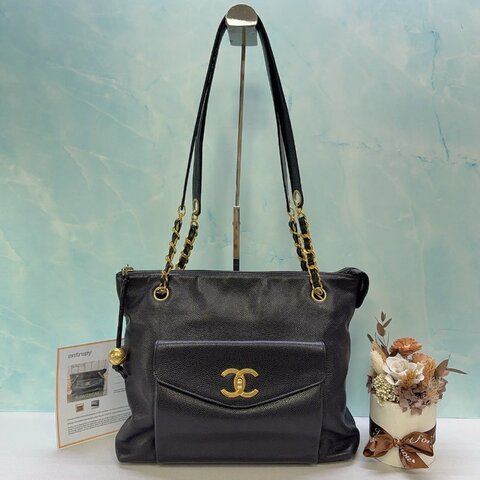 CHANEL Vintage黑金荔枝金球肩背包