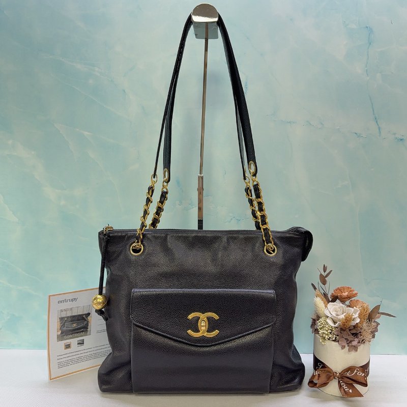 CHANEL Vintage黑金荔枝金球肩背包-0