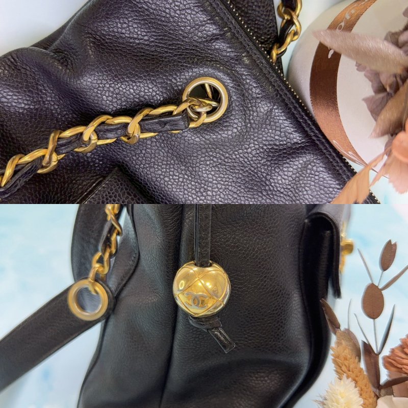 CHANEL Vintage黑金荔枝金球肩背包-5