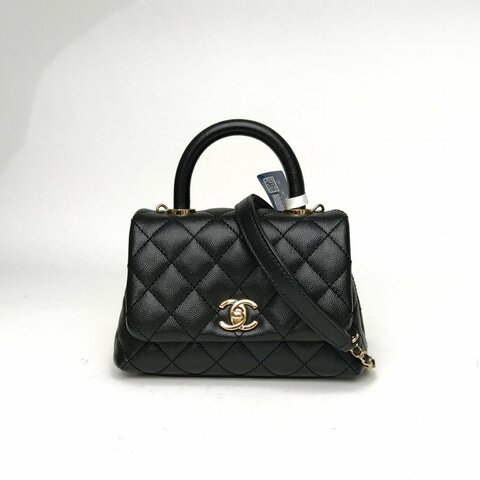 CHANEL CocoHandleMini19黑色荔枝牛皮30開金扣肩背包