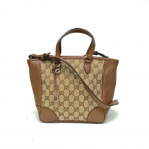 GUCCI 棕色牛皮帆布金扣斜挎包肩背包