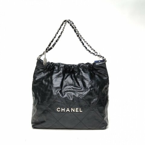 CHANEL 22BagTote托特包中號35黑色牛皮晶片銀扣肩背包