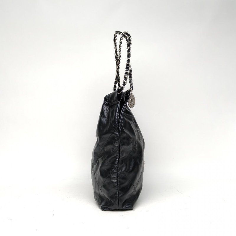 CHANEL 22BagTote托特包中號35黑色牛皮晶片銀扣肩背包-3