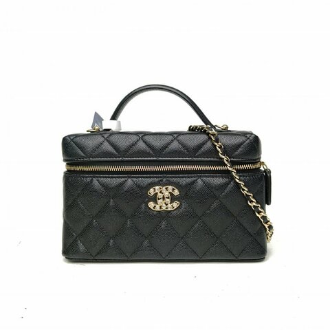 CHANEL 25P雙C愛心鑽扣飯盒包黑色荔枝牛皮淺金扣肩背包