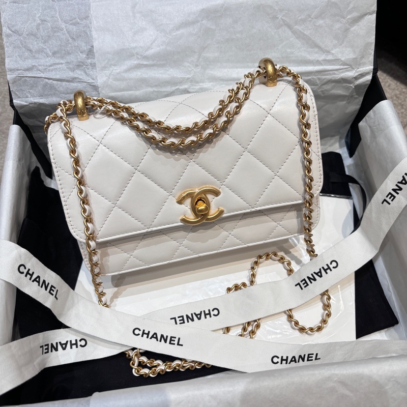 香奈兒/Chanel 口蓋包 白色牛皮 雙金珠 可調節鏈條長度尺寸:22×8×14  閒置新 24C  晶片款-0