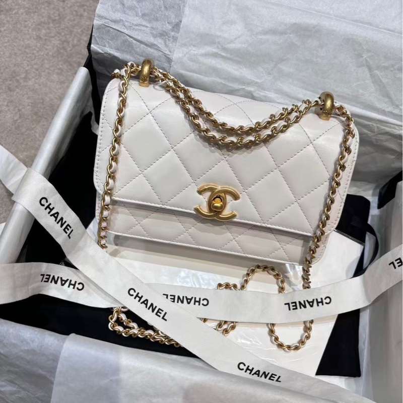 香奈兒/Chanel 口蓋包 白色牛皮 雙金珠 可調節鏈條長度尺寸:22×8×14  閒置新 24C  晶片款-1