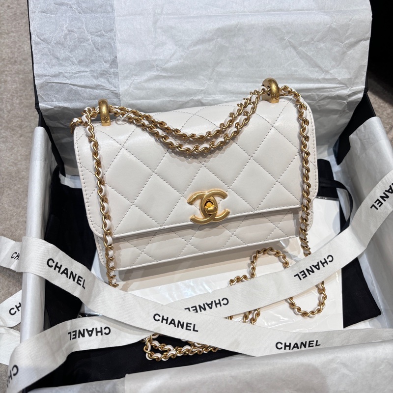 香奈兒/Chanel 口蓋包 白色牛皮 雙金珠 可調節鏈條長度尺寸:22×8×14  閒置新 24C  晶片款-2