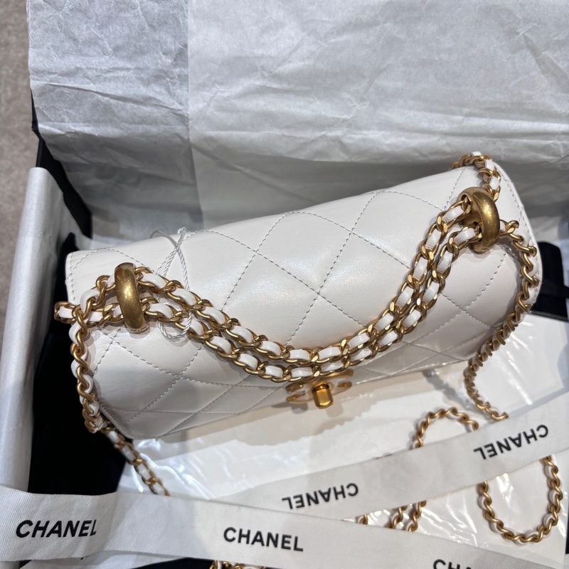 香奈兒/Chanel 口蓋包 白色牛皮 雙金珠 可調節鏈條長度尺寸:22×8×14  閒置新 24C  晶片款-3