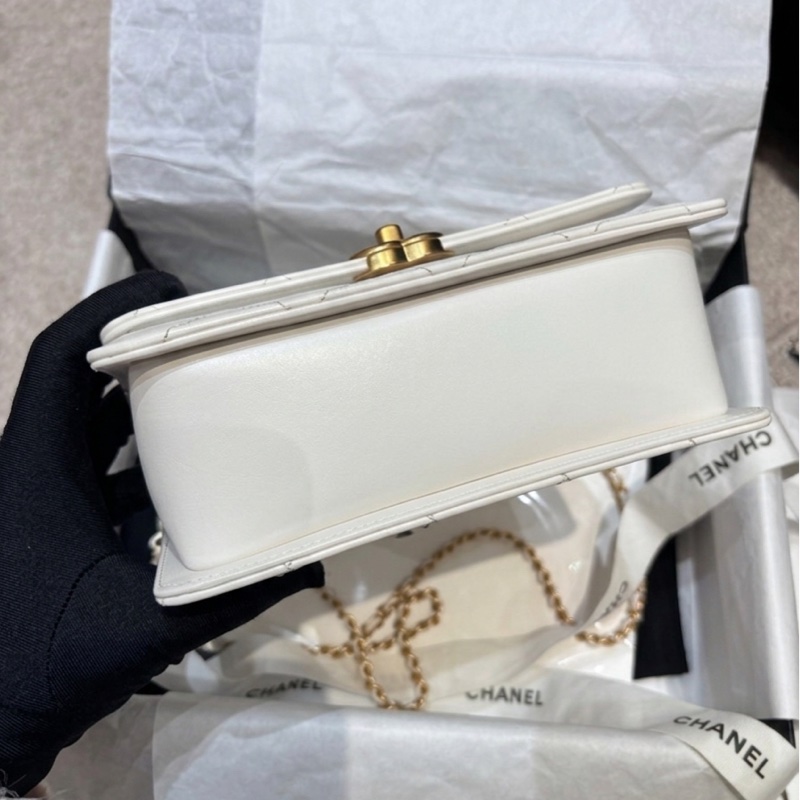 香奈兒/Chanel 口蓋包 白色牛皮 雙金珠 可調節鏈條長度尺寸:22×8×14  閒置新 24C  晶片款-4