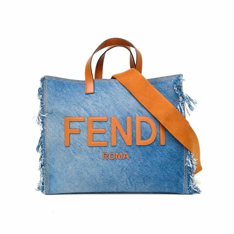 FENDI 牛仔藍銀扣fendilogo牛仔流蘇托特包肩背包