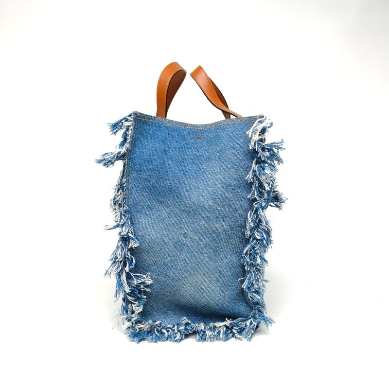 FENDI 牛仔藍銀扣fendilogo牛仔流蘇托特包肩背包-1