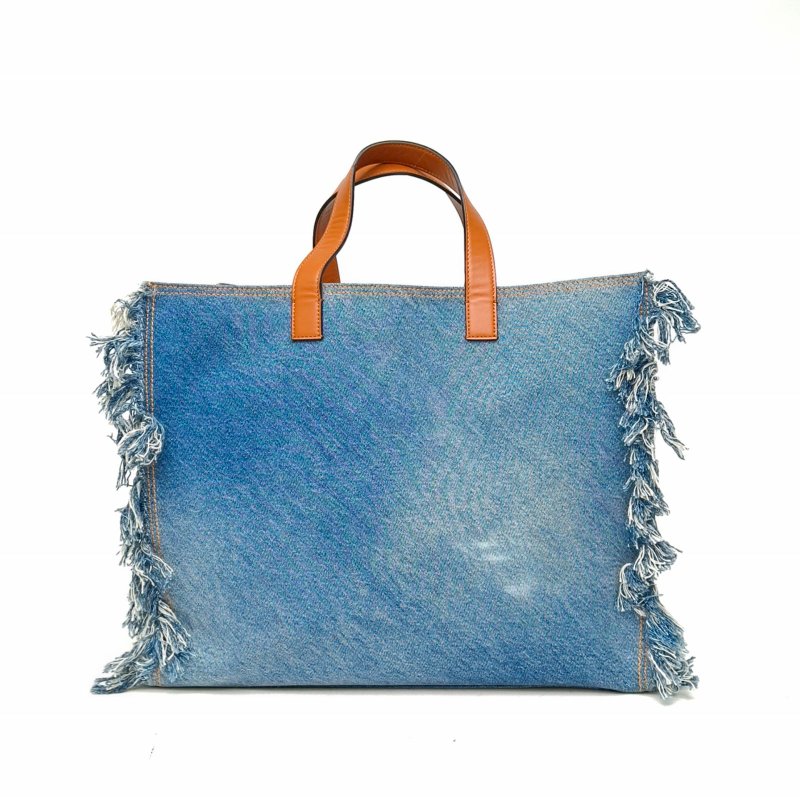 FENDI 牛仔藍銀扣fendilogo牛仔流蘇托特包肩背包-2