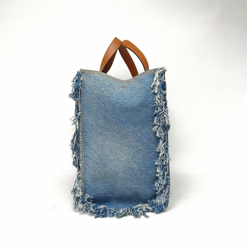 FENDI 牛仔藍銀扣fendilogo牛仔流蘇托特包肩背包-3