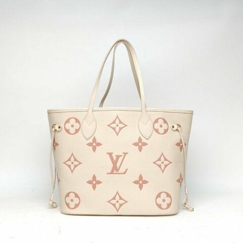 LOUIS VUITTON Neverfull中號31米白色牛皮金扣晶片老花壓紋肩背包